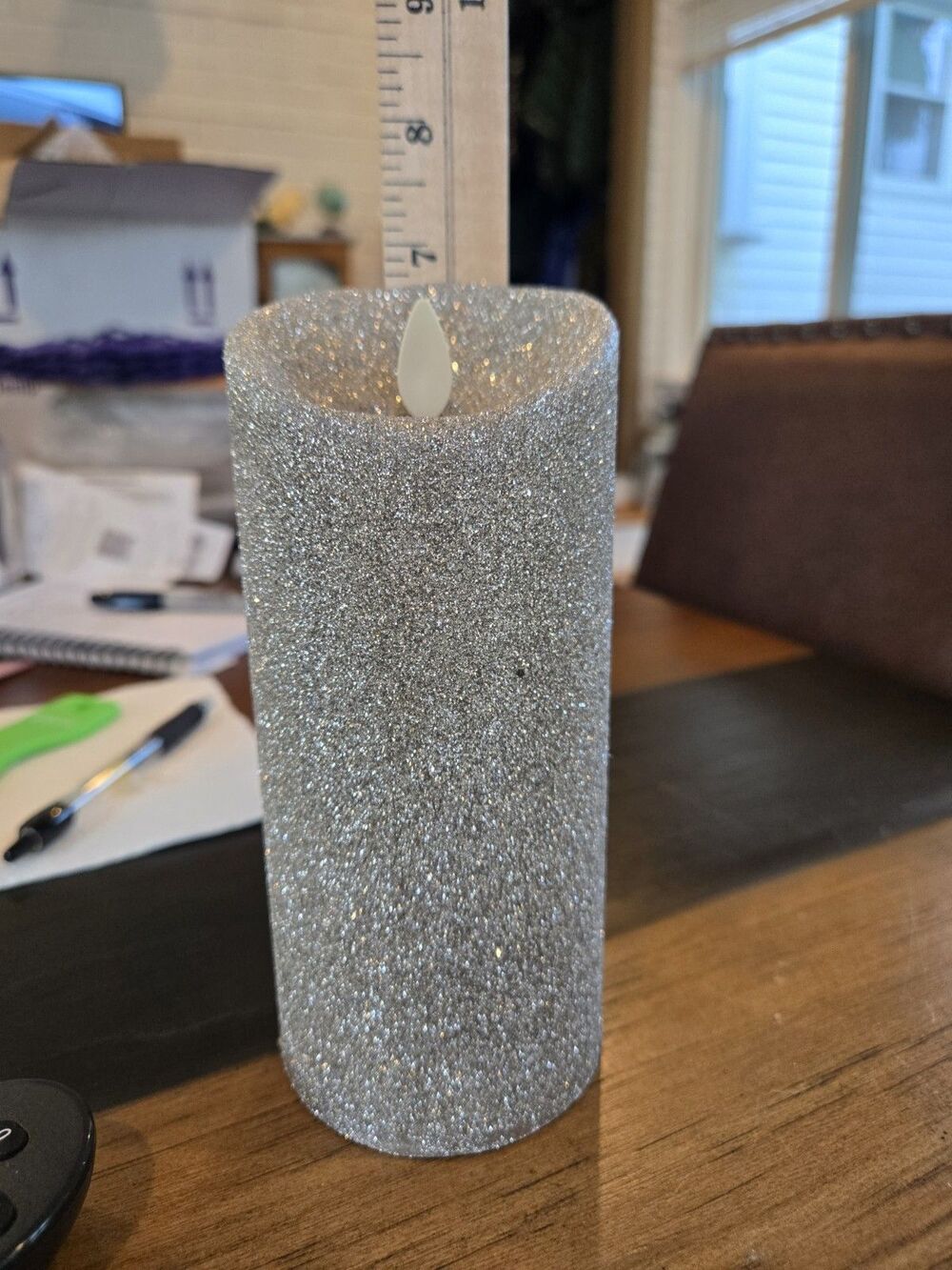 Luminara Flameless 7" Candle Realistic Flame Silver Glitter 5 Hr Timer